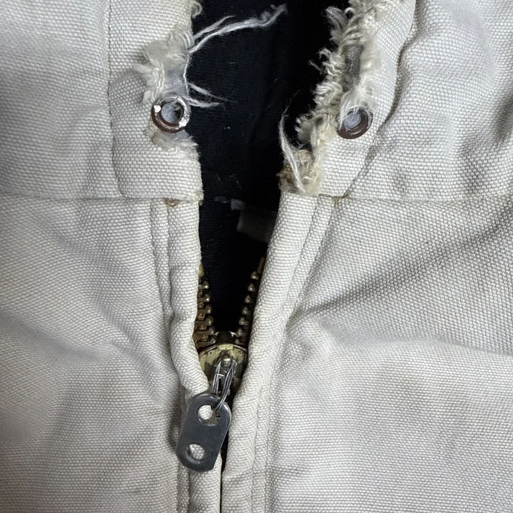 Vintage 90s Carhartt Hooded Jacket Quilt Lined Thrashed Off White Orange Trim
